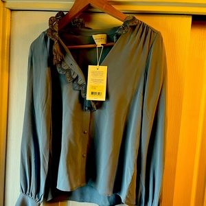 Sezane Chloe button down shirt ruffle embroidered light blue 34.